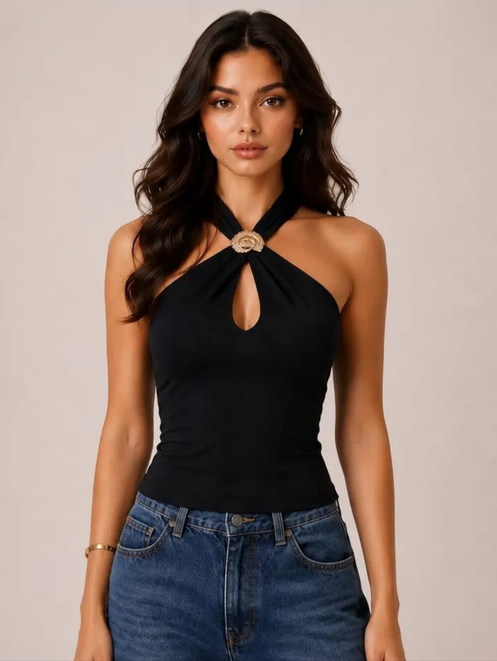 Black Halter Keyhole Tank Top with Gold Shell Accent